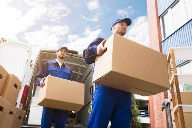 Close-up Of Two Young Delivery Men Carrying Cardboard Box In Front Of Truck