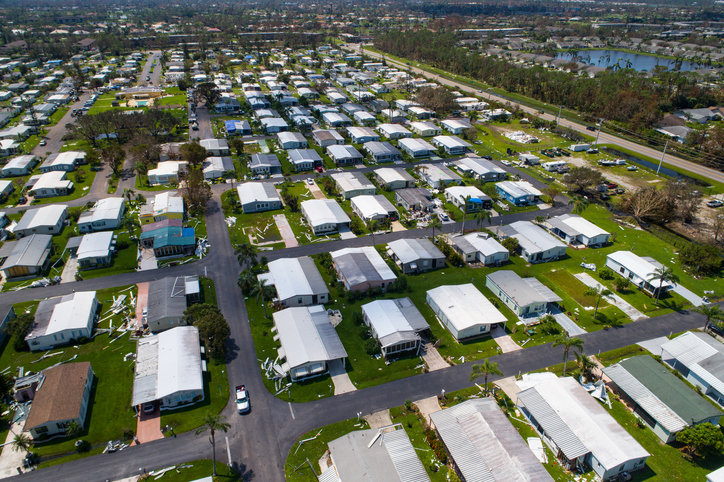Aerial shot of mobile park homes destroyed aftermath Hurricane Irma