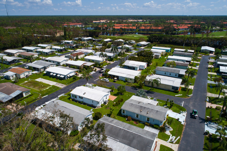 Aerial shot of mobile park homes destroyed aftermath Hurricane Irma