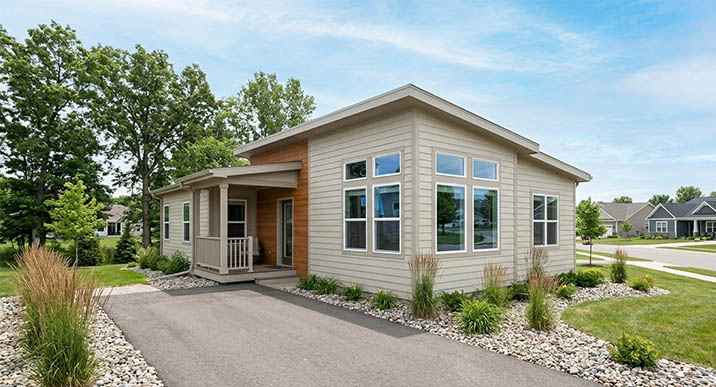 A contemporary, newly completed custom-built manufactured home