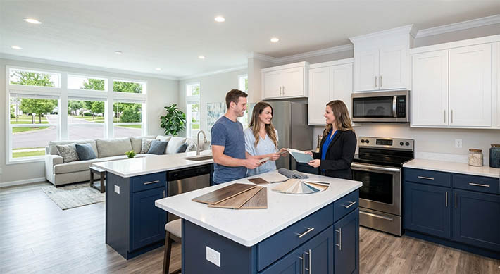 A young couple reviews finish samples (flooring, cabinet swatches, and paint chips) with a Tyrone Woods representative